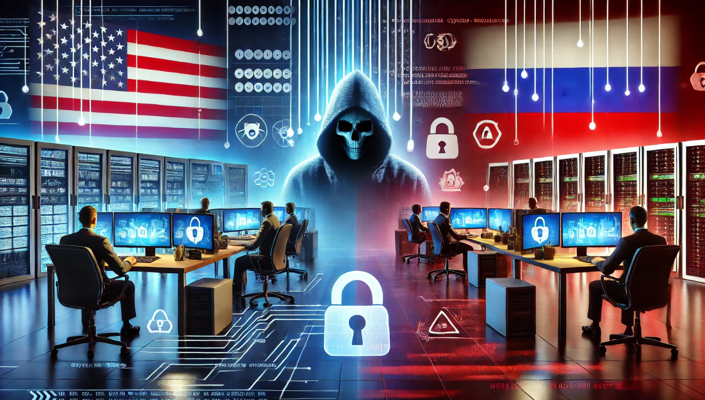 Split-screen image showing a secure modern office environment on one side and a shadowy figure symbolizing cyber-attacks on the other, with digital codes, security icons, and warning symbols in the background.