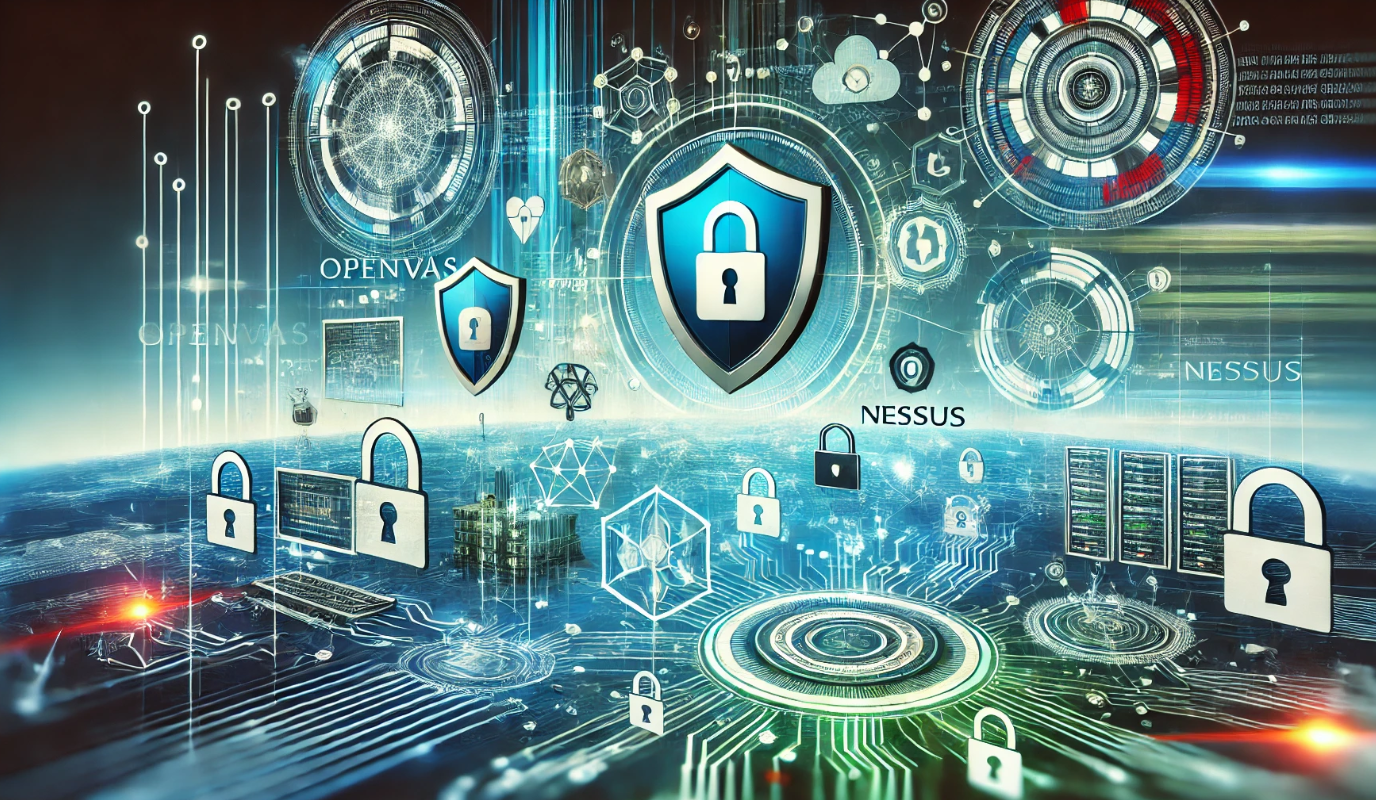 Digital collage featuring the logos of OpenVAS and Nessus with network diagrams and cybersecurity symbols like shields and locks, set against a futuristic blue and green background