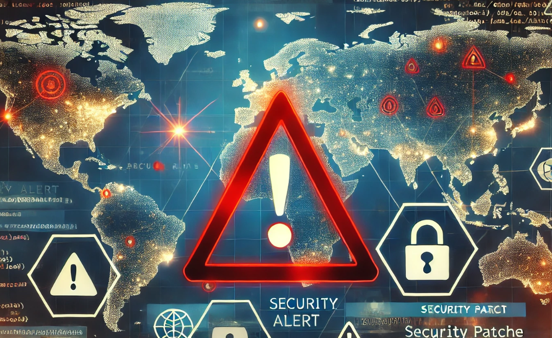 Cybersecurity alert depicting a digital world map with highlighted data points, a warning symbol, and icons for code and security patches.