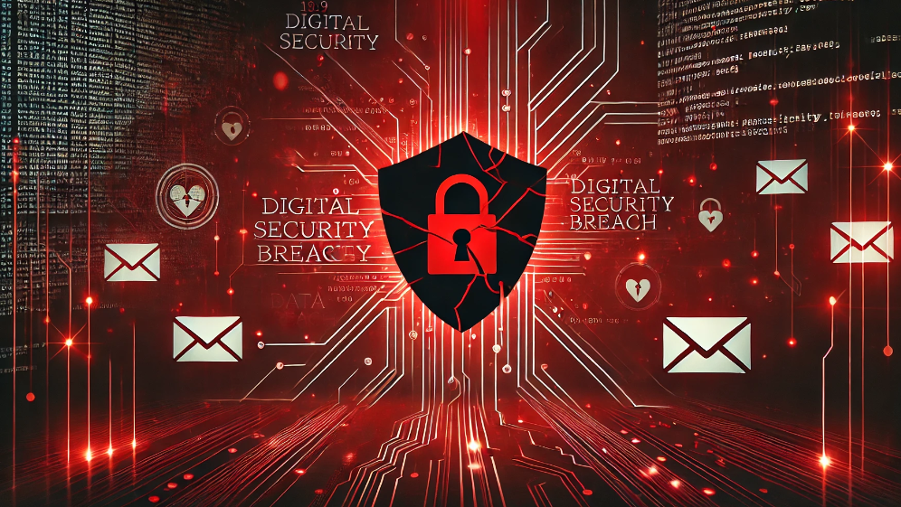 A dark red themed image depicting a digital security breach with a hacker silhouette, broken shield symbol, and email icons.