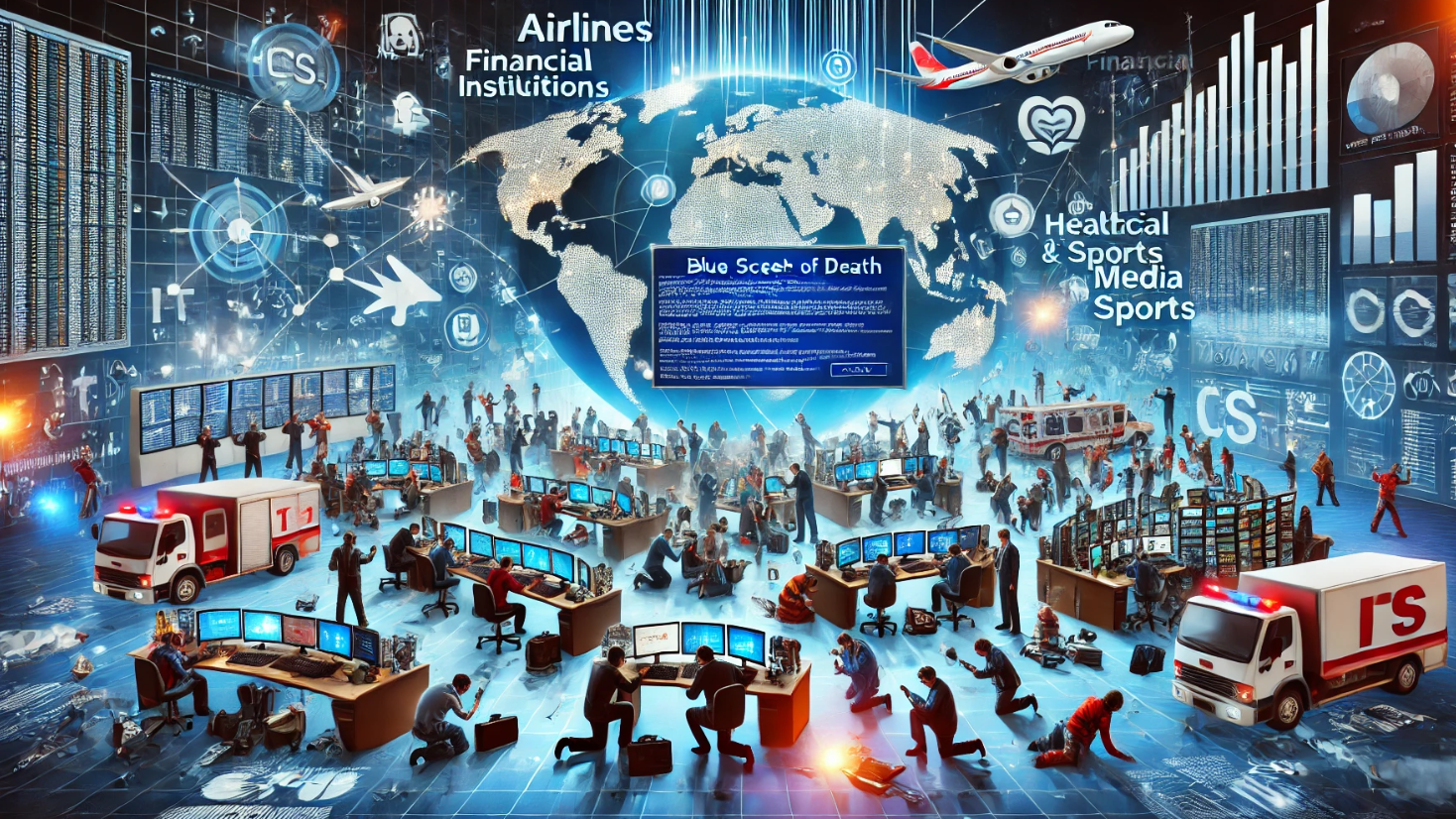 A chaotic scene illustrating a global IT incident with various industries affected, showing the blue screen of death on a computer, technicians working frantically, and a world map highlighting the spread of the disruption