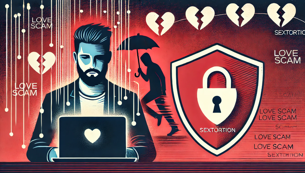 Illustration depicting a love scam with a red shield symbolizing protection, a shadowy scammer in the background, and hearts transitioning into broken hearts to emphasize the impact of sextortion