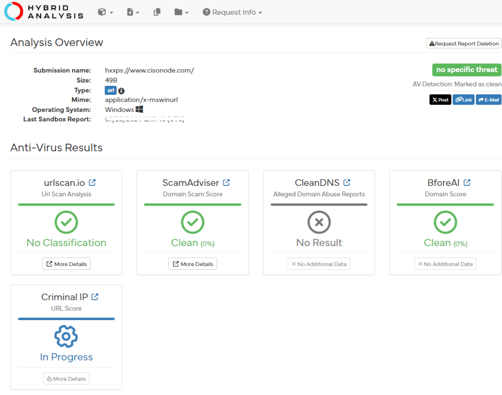 Example of a URL Scan www.cisonode.com with with Hybrid-analysis.com