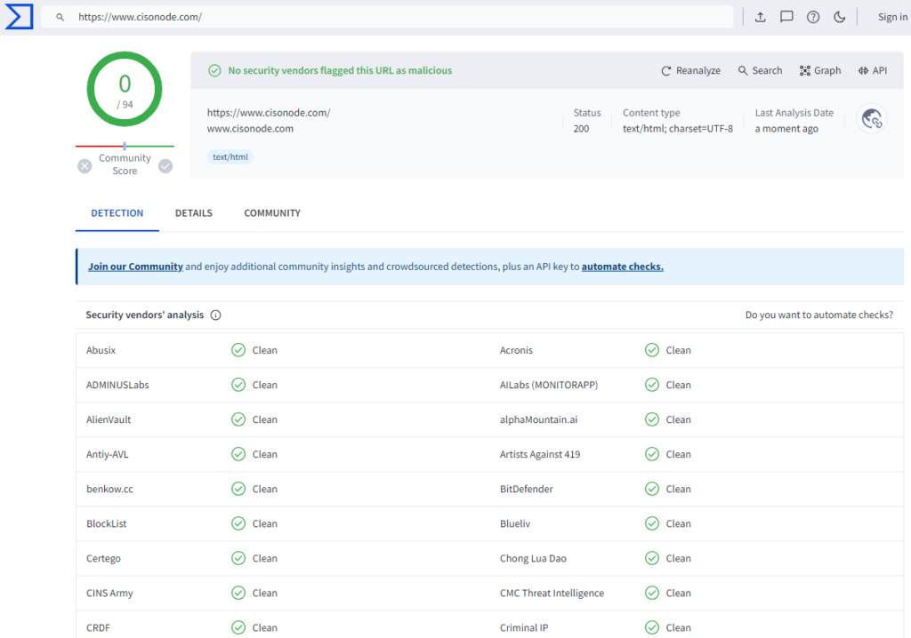 Example of a URL Scan www.cisonode.com with virustotal.com