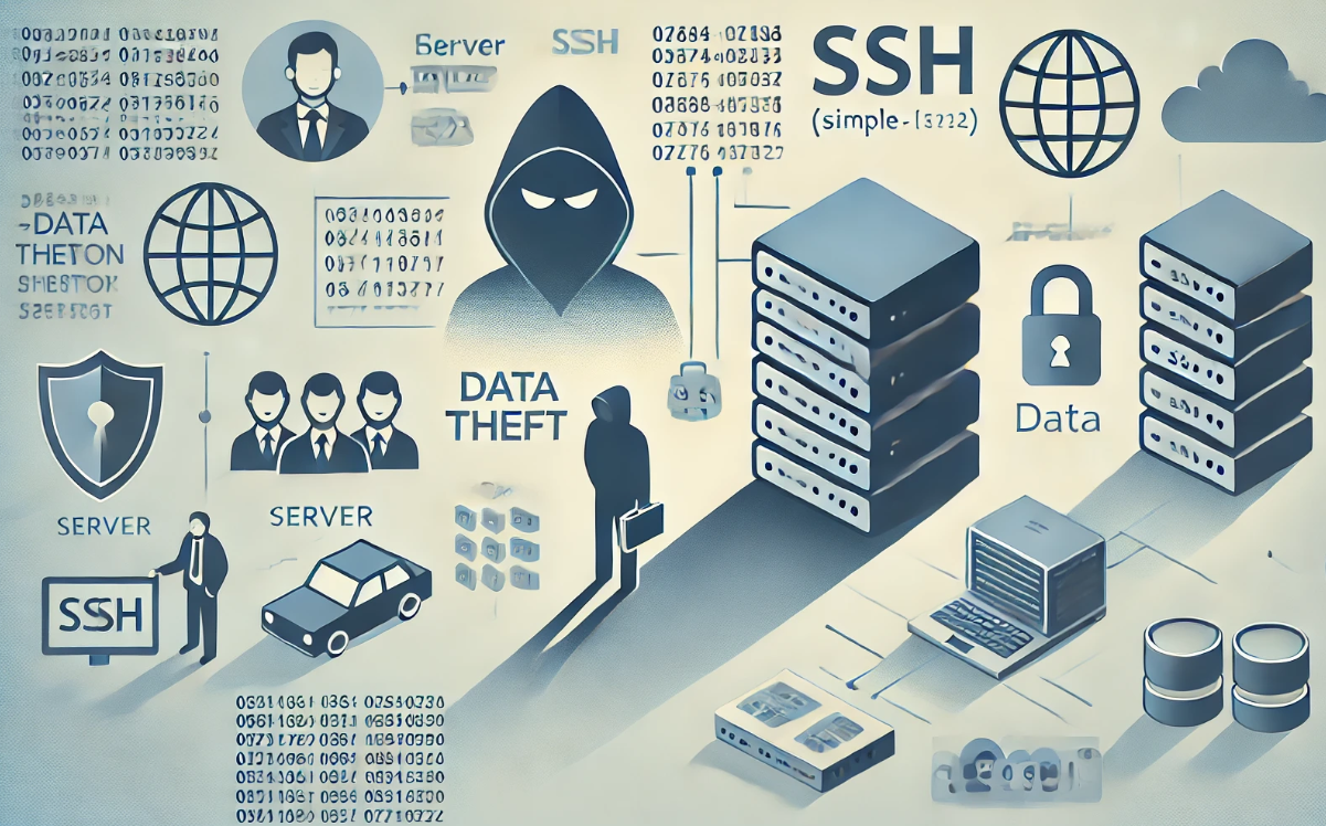 An illustration showing a cybersecurity breach involving SSH, with a server, code elements, a hacker figure, and representations of data theft and a server under attack.