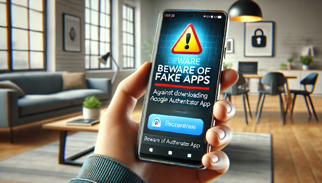 Smartphone displaying a security warning against downloading fake Google Authenticator apps, highlighting the importance of cybersecurity