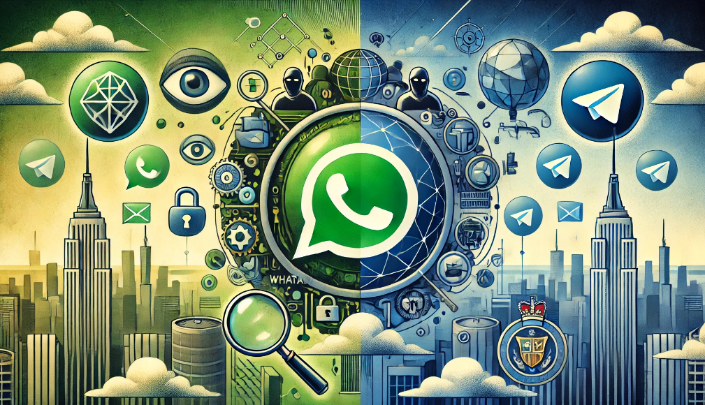 An illustration showing WhatsApp symbolized in green with secure, locked messages on one side, and Telegram in blue with encrypted communications on the other, set against a backdrop of regulation symbols and a cityscape