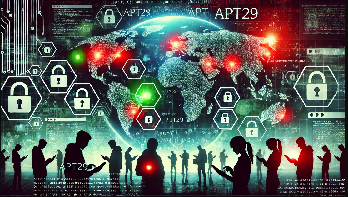 Digital map highlighting cybersecurity threats with red and green dots, silhouettes of people using mobile devices, and browser symbols representing a cyber attack scenario.