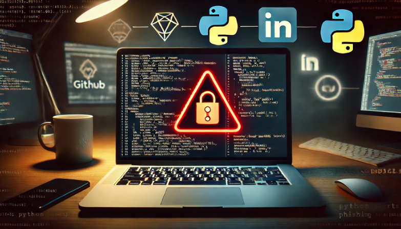 A laptop displaying Python code with a red malware alert symbol and GitHub/LinkedIn icons, representing phishing threats to developers.