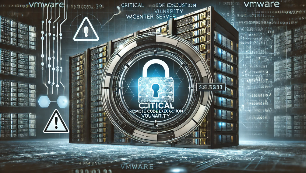 Image highlighting a critical remote code execution (RCE) vulnerability in VMware vCenter Server, with a warning symbol and digital network elements representing cybersecurity risks