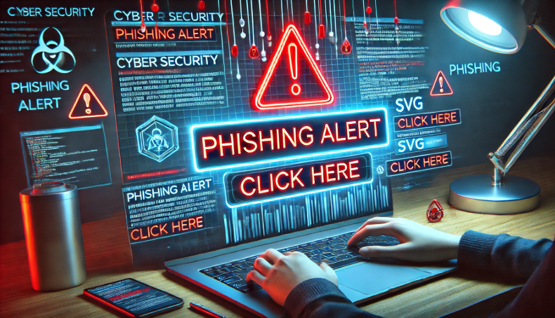 Phishing alert screen with SVG-based graphics and a warning about evolving cybersecurity threats.