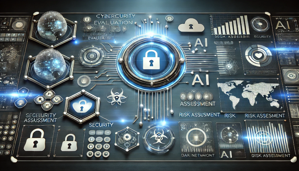 Futuristic digital dashboard showcasing cybersecurity evaluation tools with shields, AI icons, and risk assessment charts on a glowing blue background.