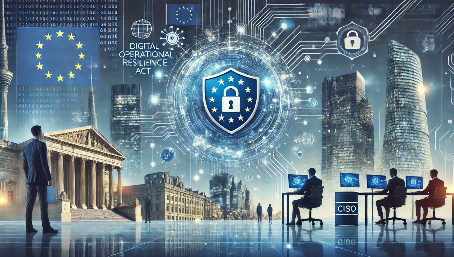 Illustration depicting the EU Digital Operational Resilience Act (DORA) with European Union flag, cybersecurity shield, financial institutions, and digital networks representing resilience in the financial se